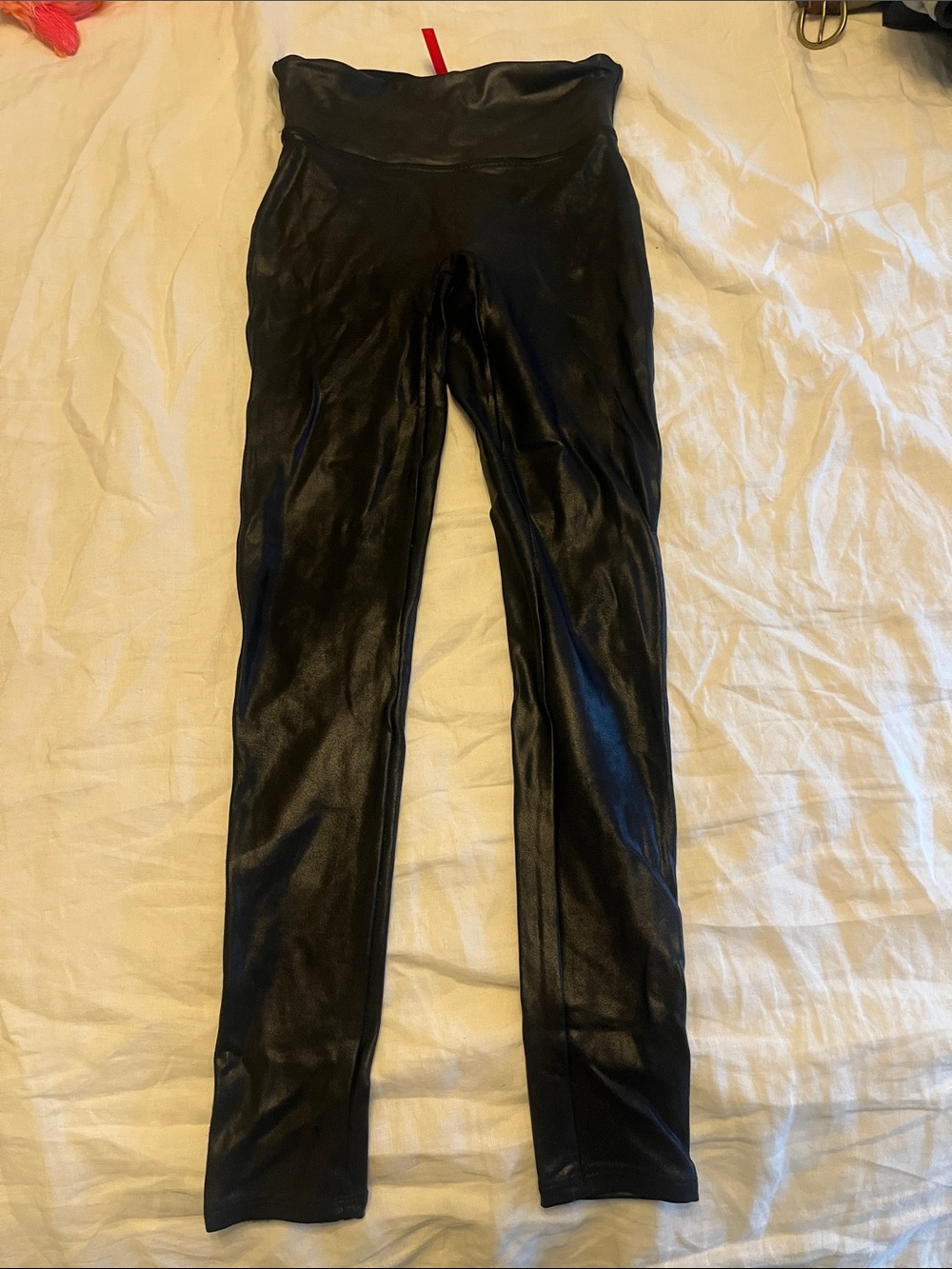 SPANX Black Faux Leather High-Waist Leggings with Red Tag